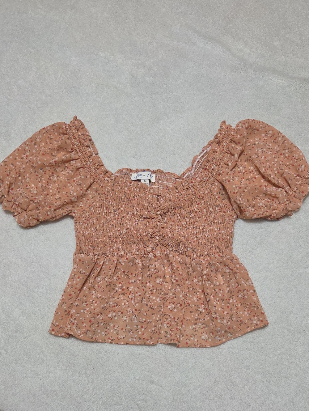 She + Sky Rust Floral Smocked Puff-Sleeve Crop Top